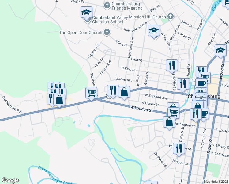 map of restaurants, bars, coffee shops, grocery stores, and more near 618 Lincoln Way West in Chambersburg