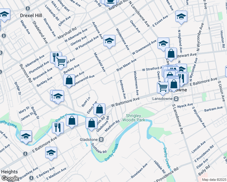 map of restaurants, bars, coffee shops, grocery stores, and more near 25 Martin Drive in Lansdowne