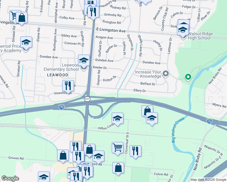 map of restaurants, bars, coffee shops, grocery stores, and more near 4467 Ellery Drive in Columbus