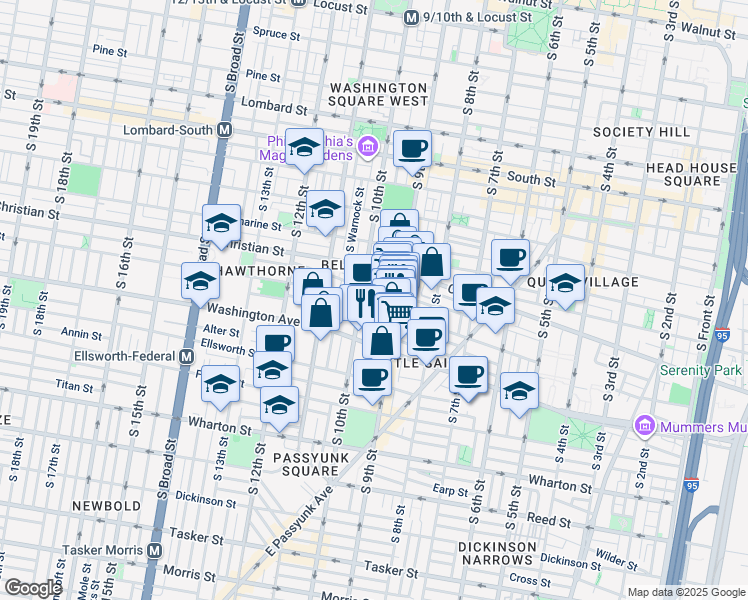 map of restaurants, bars, coffee shops, grocery stores, and more near 931 Carpenter Street in Philadelphia