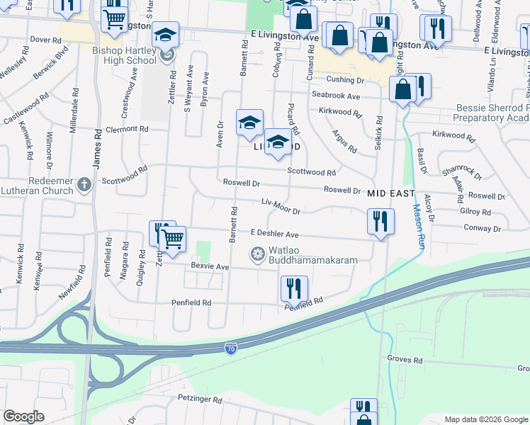 map of restaurants, bars, coffee shops, grocery stores, and more near 1679 Coburg Road in Columbus