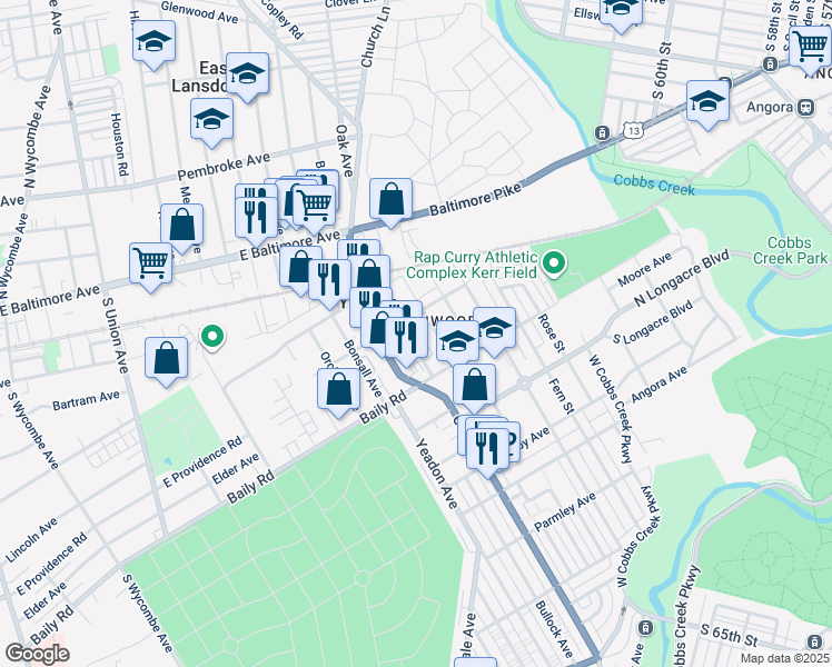 map of restaurants, bars, coffee shops, grocery stores, and more near 515 Holly Road in Yeadon