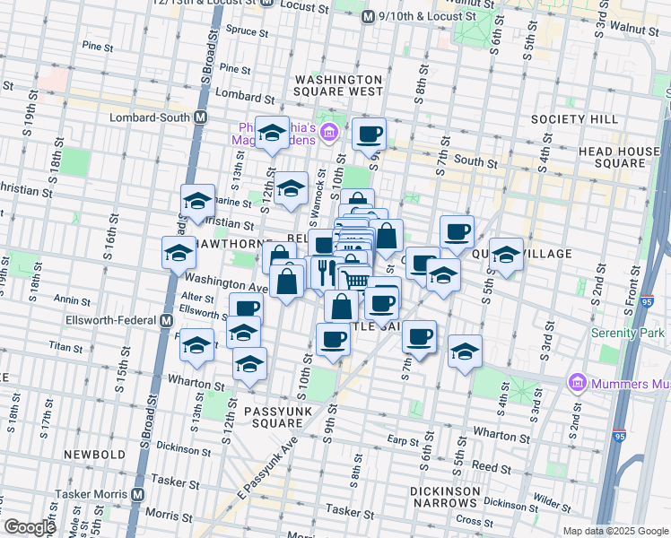 map of restaurants, bars, coffee shops, grocery stores, and more near 931 Carpenter Street in Philadelphia