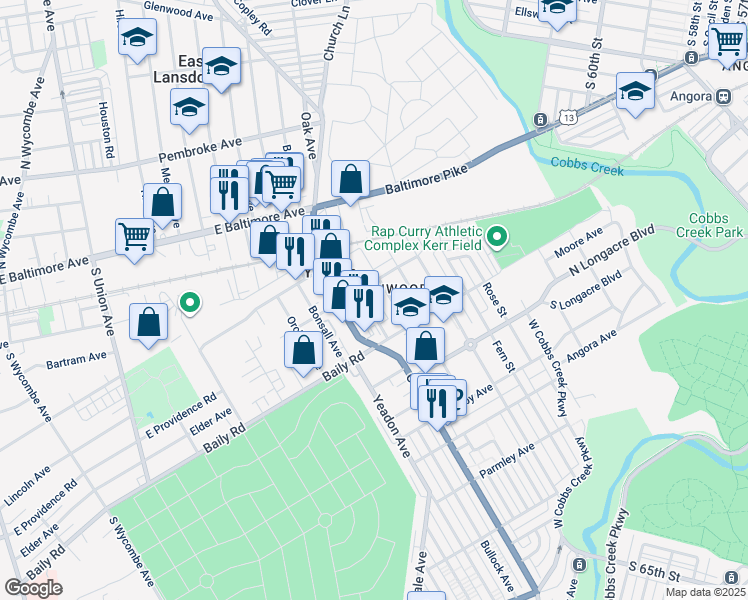 map of restaurants, bars, coffee shops, grocery stores, and more near 515 Holly Road in Yeadon