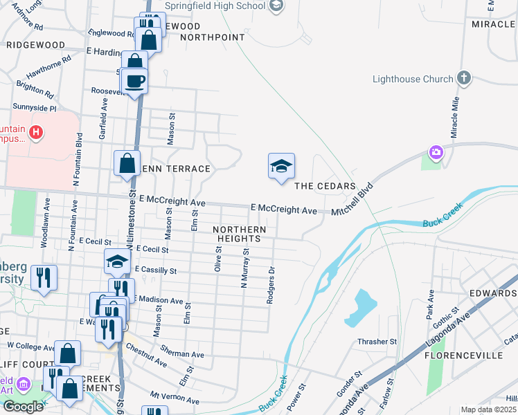 map of restaurants, bars, coffee shops, grocery stores, and more near 1198 Winton Pl in Springfield