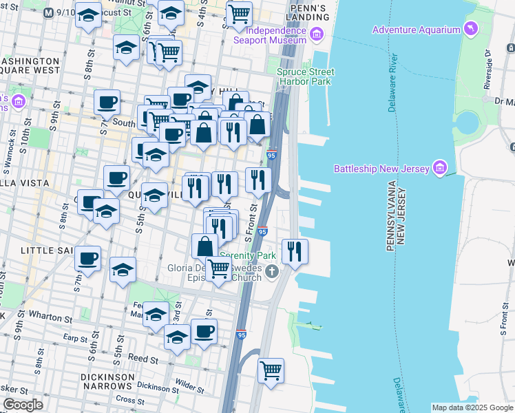 map of restaurants, bars, coffee shops, grocery stores, and more near 767 South Front Street in Philadelphia