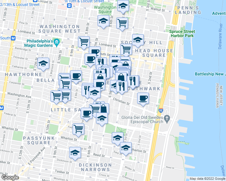 map of restaurants, bars, coffee shops, grocery stores, and more near in Philadelphia