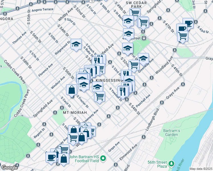 map of restaurants, bars, coffee shops, grocery stores, and more near 5416 Kingsessing Avenue in Philadelphia