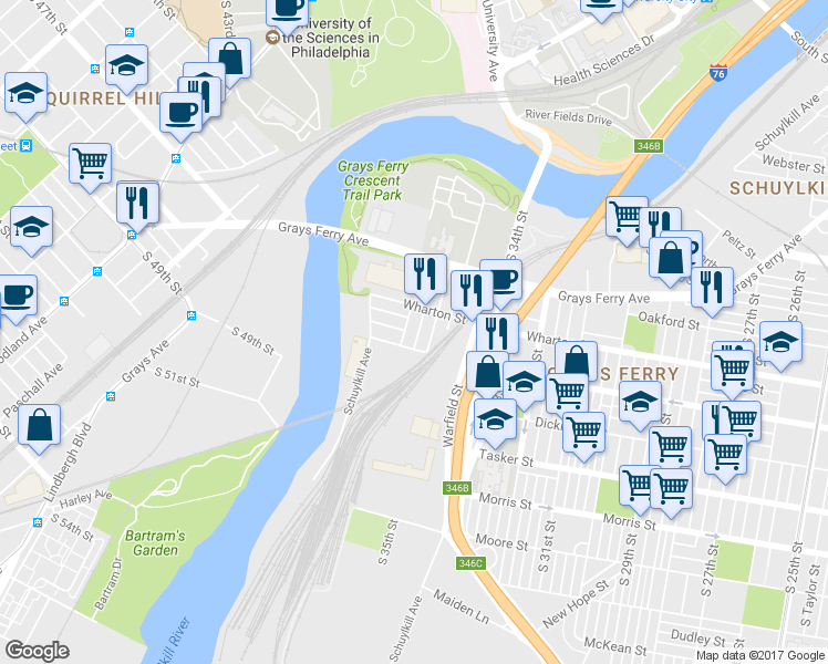 map of restaurants, bars, coffee shops, grocery stores, and more near 1330 Grove Street in Philadelphia