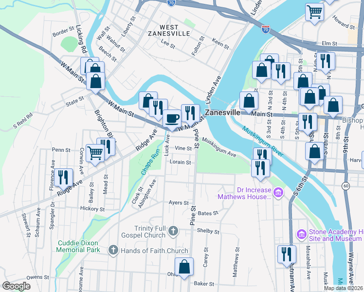 map of restaurants, bars, coffee shops, grocery stores, and more near 861 Vine Street in Zanesville