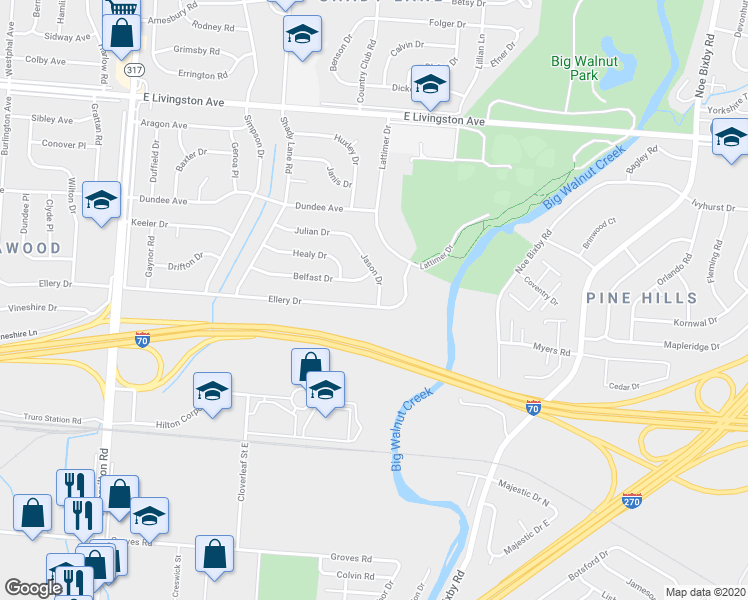 map of restaurants, bars, coffee shops, grocery stores, and more near 1839 Jason Drive in Columbus