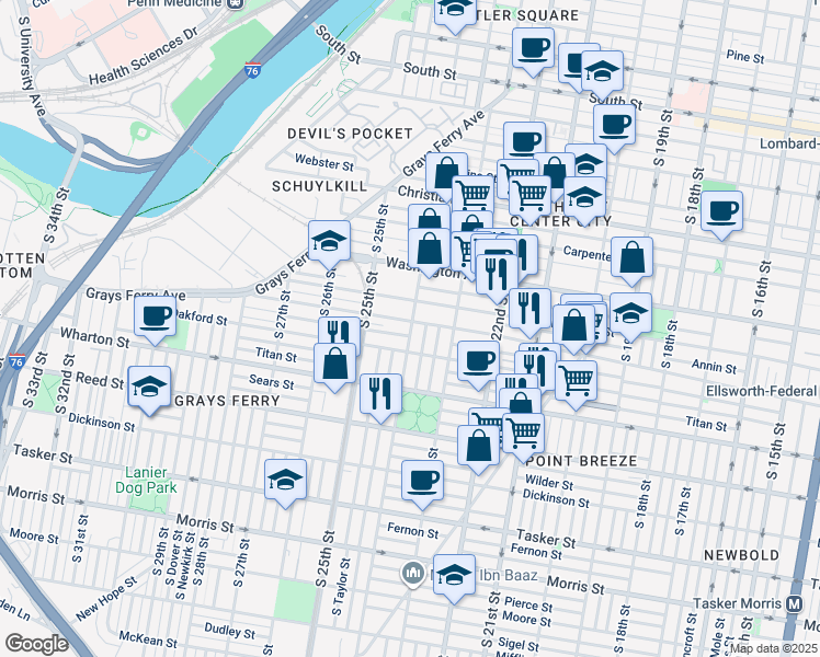 map of restaurants, bars, coffee shops, grocery stores, and more near 1210 South 24th Street in Philadelphia