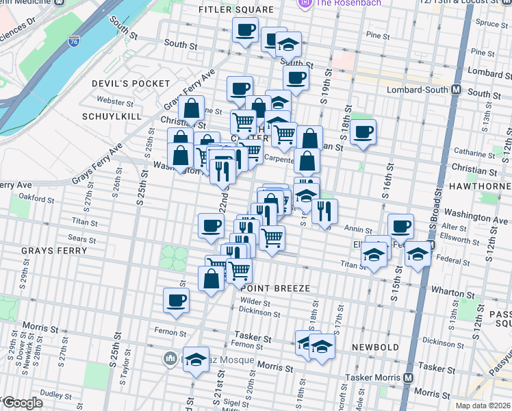 map of restaurants, bars, coffee shops, grocery stores, and more near 1201 South 21st Street in Philadelphia