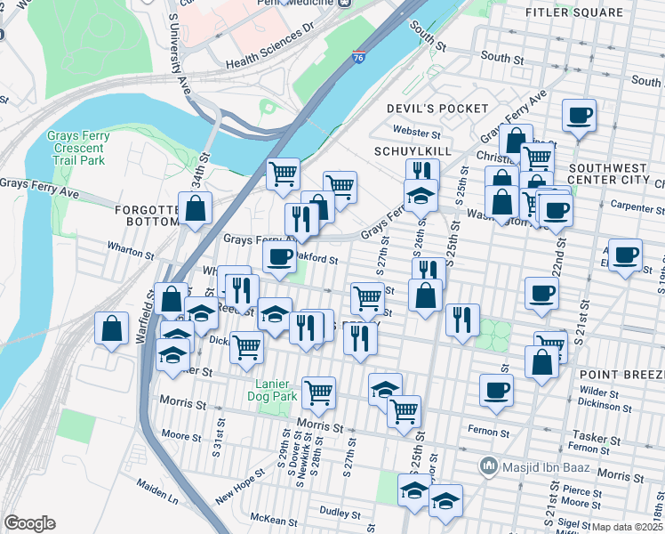 map of restaurants, bars, coffee shops, grocery stores, and more near 1240 South Newkirk Street in Philadelphia