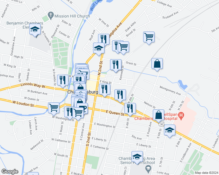 map of restaurants, bars, coffee shops, grocery stores, and more near 77 North 3rd Street in Chambersburg
