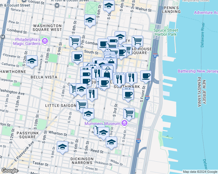 map of restaurants, bars, coffee shops, grocery stores, and more near 803 South 4th Street in Philadelphia