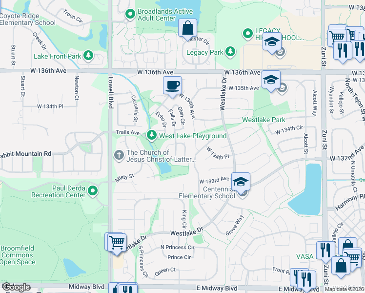 map of restaurants, bars, coffee shops, grocery stores, and more near 3362 Briarwood Drive in Broomfield
