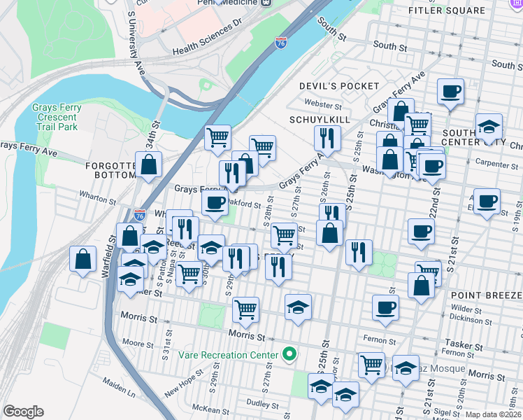 map of restaurants, bars, coffee shops, grocery stores, and more near 1266 South 28th Street in Philadelphia