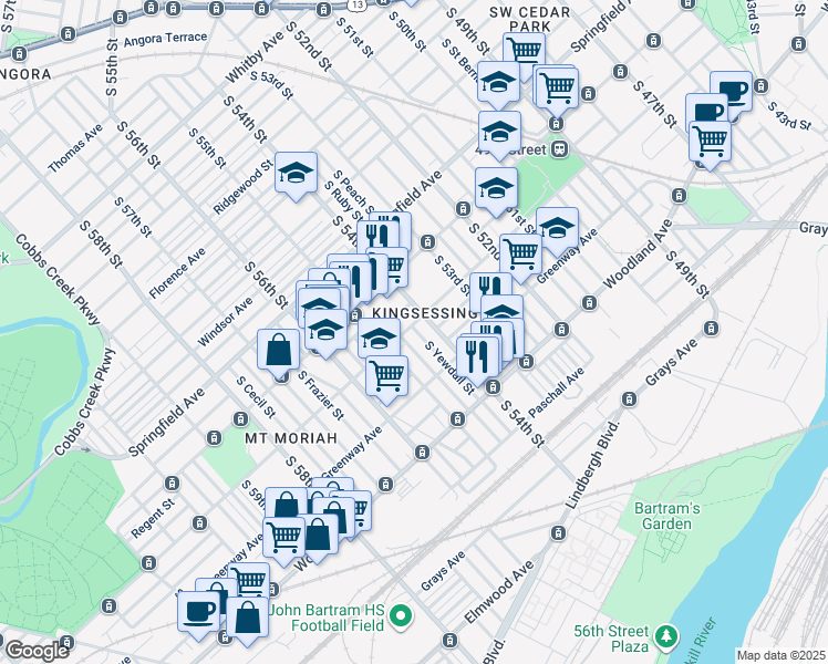 map of restaurants, bars, coffee shops, grocery stores, and more near 5416 Kingsessing Avenue in Philadelphia