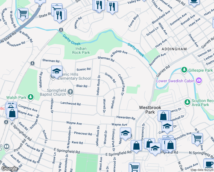 map of restaurants, bars, coffee shops, grocery stores, and more near 534 Claremont Road in Springfield