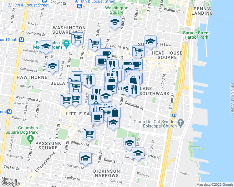 map of restaurants, bars, coffee shops, grocery stores, and more near 517 Queen Street in Philadelphia