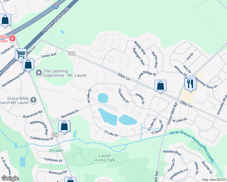 map of restaurants, bars, coffee shops, grocery stores, and more near 21B East Daisy Lane in Mount Laurel Township
