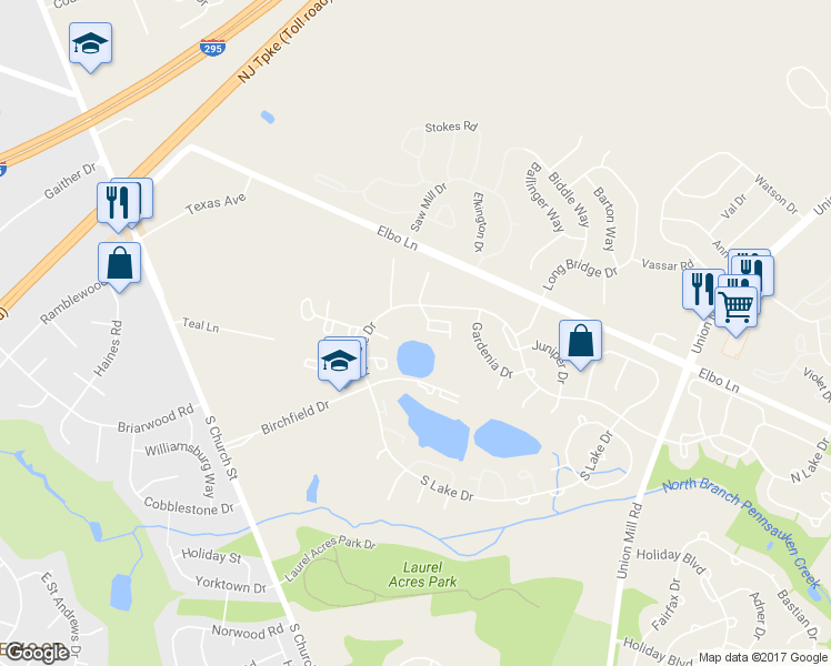 map of restaurants, bars, coffee shops, grocery stores, and more near 34B East Daisy Lane in Mount Laurel