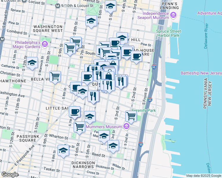 map of restaurants, bars, coffee shops, grocery stores, and more near 342 Queen Street in Philadelphia