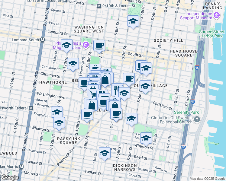 map of restaurants, bars, coffee shops, grocery stores, and more near 718 Hall Street in Philadelphia