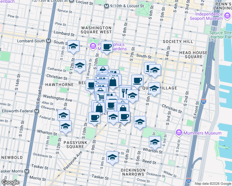 map of restaurants, bars, coffee shops, grocery stores, and more near 718 Hall Street in Philadelphia