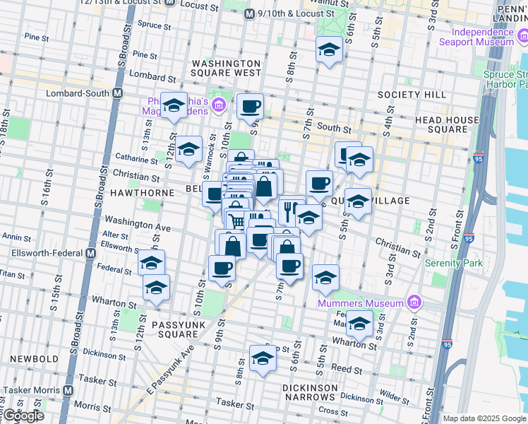 map of restaurants, bars, coffee shops, grocery stores, and more near 718 Hall Street in Philadelphia
