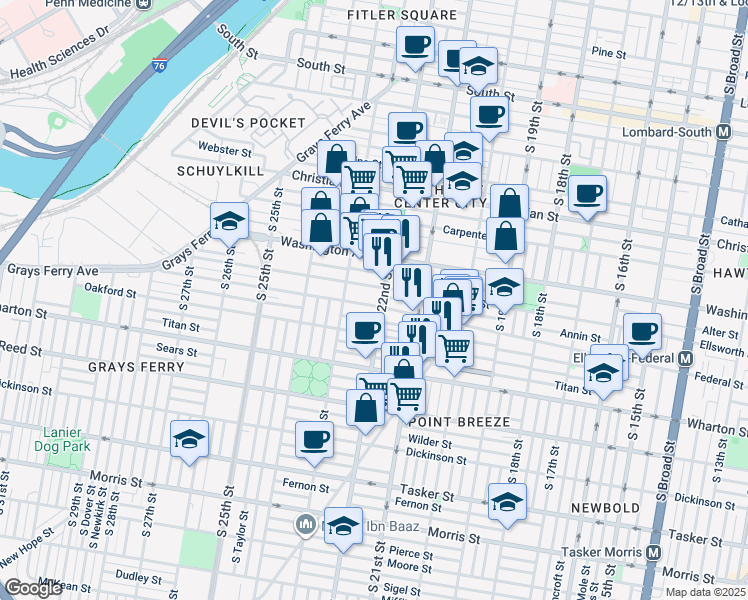 map of restaurants, bars, coffee shops, grocery stores, and more near 2145 Manton Street in Philadelphia