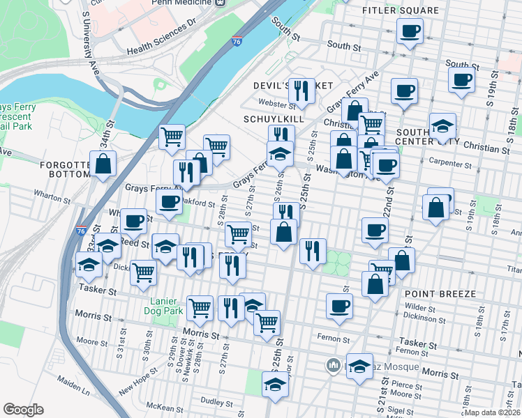 map of restaurants, bars, coffee shops, grocery stores, and more near 2609 Latona Street in Philadelphia