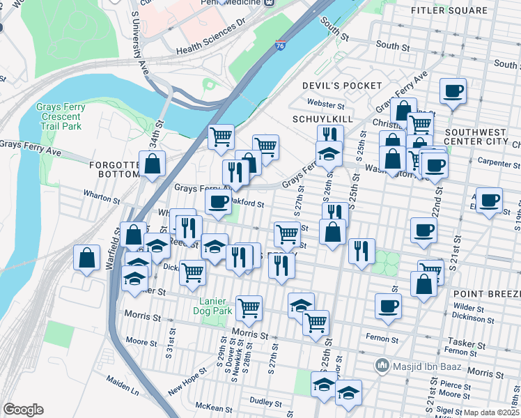 map of restaurants, bars, coffee shops, grocery stores, and more near 1240 South Newkirk Street in Philadelphia