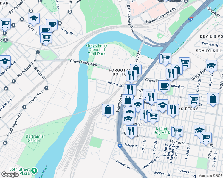 map of restaurants, bars, coffee shops, grocery stores, and more near 1354 South Harmony Street in Philadelphia