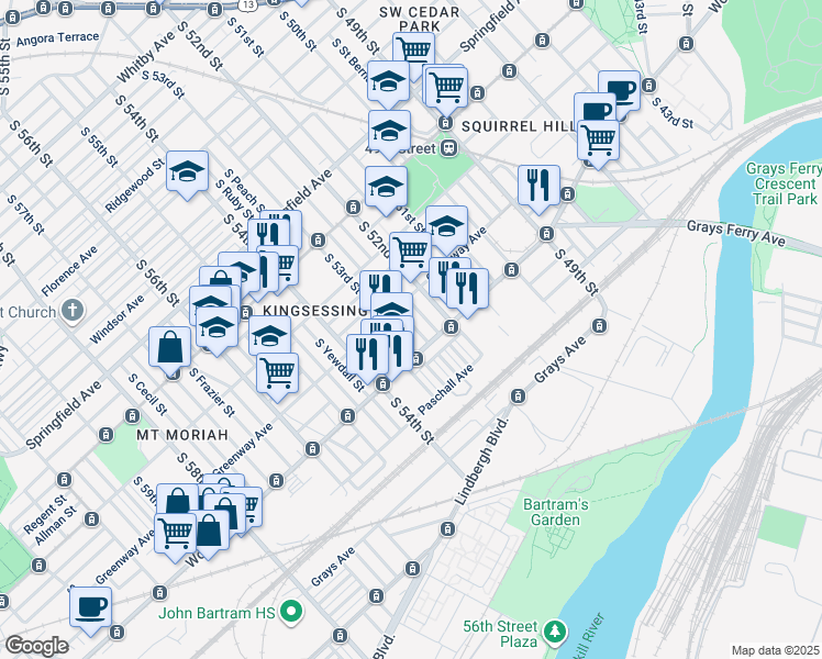 map of restaurants, bars, coffee shops, grocery stores, and more near 1530 South Lindenwood Street in Philadelphia