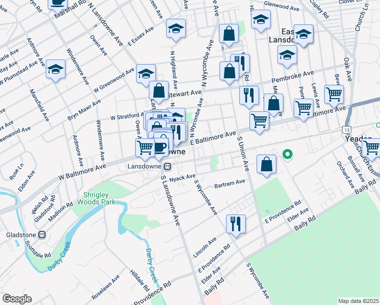 map of restaurants, bars, coffee shops, grocery stores, and more near 30 South Wycombe Avenue in Lansdowne