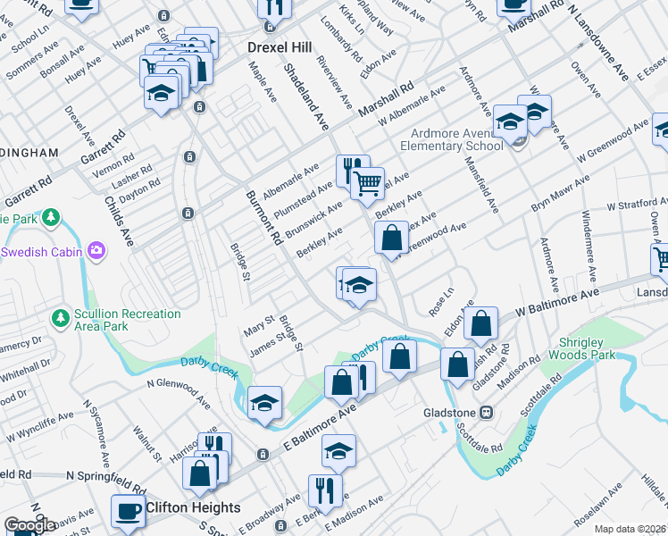 map of restaurants, bars, coffee shops, grocery stores, and more near 148 Saint Charles Street in Drexel Hill