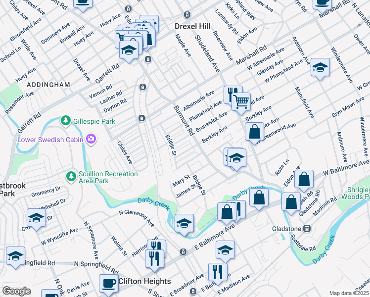map of restaurants, bars, coffee shops, grocery stores, and more near 3835 Anne Street in Drexel Hill