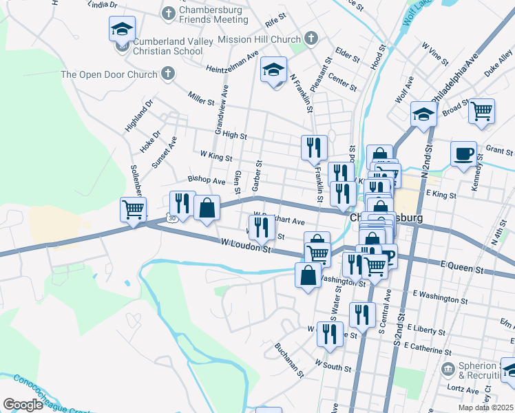 map of restaurants, bars, coffee shops, grocery stores, and more near 358 Lincoln Way West in Chambersburg