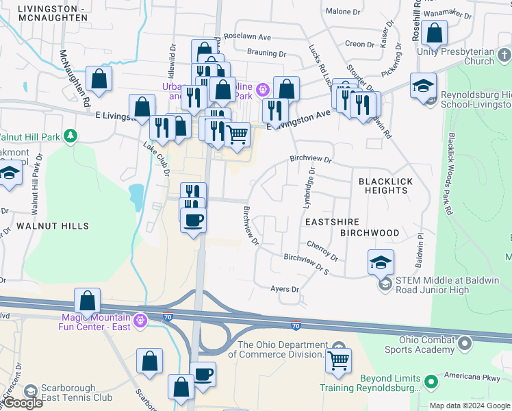map of restaurants, bars, coffee shops, grocery stores, and more near 2100 Charney Court in Reynoldsburg