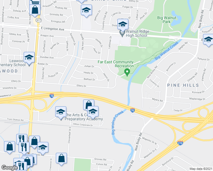 map of restaurants, bars, coffee shops, grocery stores, and more near 4747 Ellery Drive in Columbus