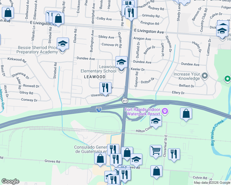 map of restaurants, bars, coffee shops, grocery stores, and more near 4286 Vineshire Drive in Columbus