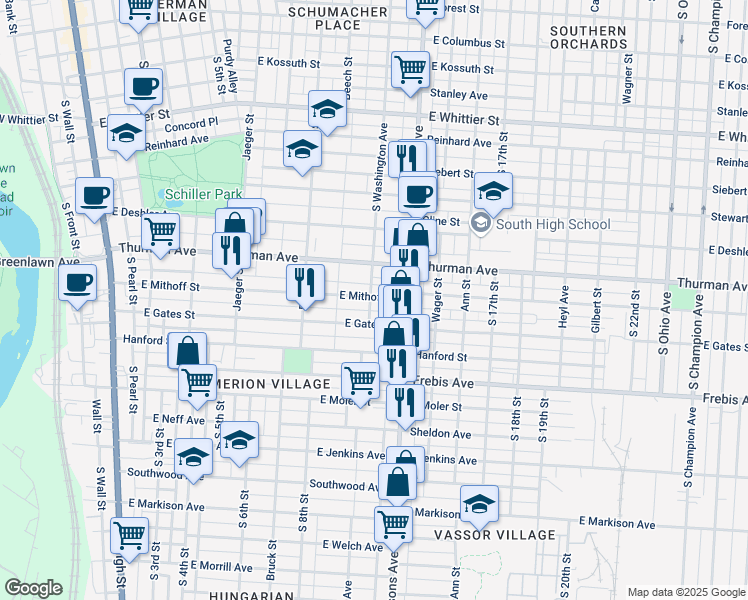 map of restaurants, bars, coffee shops, grocery stores, and more near 414 East Gates Street in Columbus