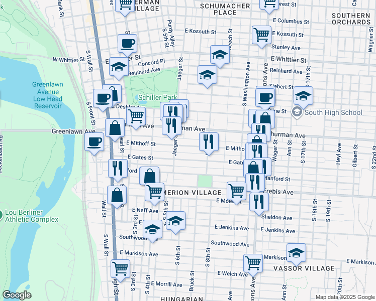 map of restaurants, bars, coffee shops, grocery stores, and more near 252 East Gates Street in Columbus