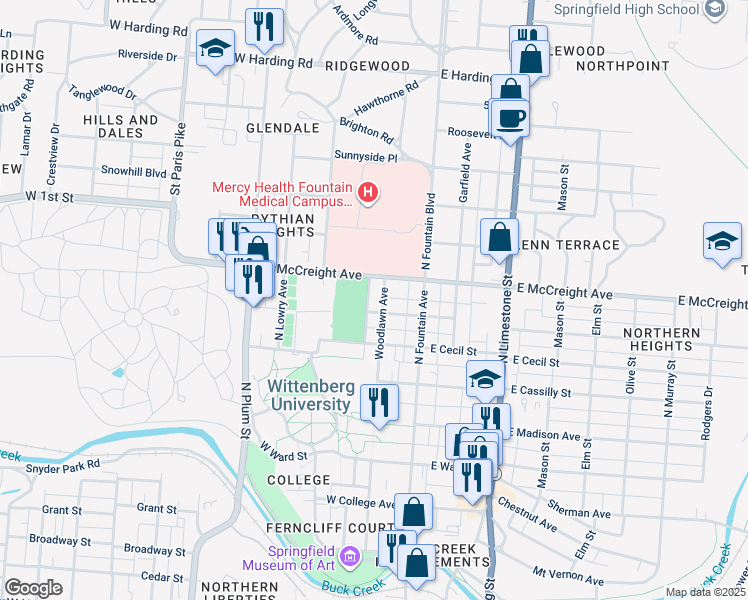 map of restaurants, bars, coffee shops, grocery stores, and more near 1023 Woodlawn Avenue in Springfield
