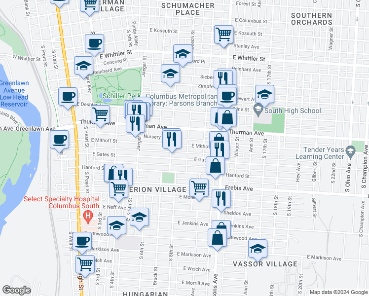 map of restaurants, bars, coffee shops, grocery stores, and more near 339 East Mithoff Street in Columbus