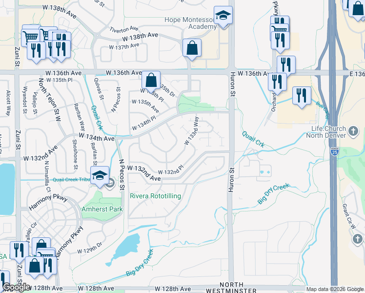 map of restaurants, bars, coffee shops, grocery stores, and more near 1247 West 133rd Way in Westminster