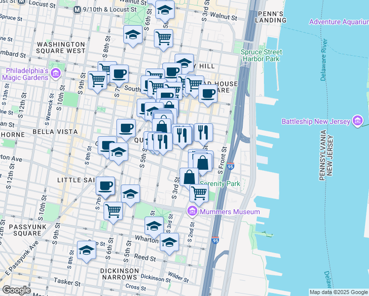 map of restaurants, bars, coffee shops, grocery stores, and more near 791 South 3rd Street in Philadelphia