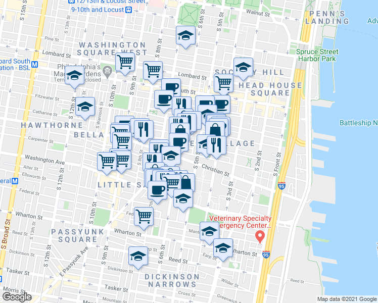 map of restaurants, bars, coffee shops, grocery stores, and more near 517 Queen Street in Philadelphia